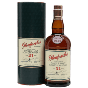 Bottle of Glenfarclas 21 Year Old Speyside single malt Scotch whisky displayed at Copa Habana