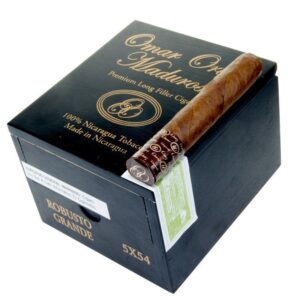 Omar Ortez Maduro Robusto cigar with dark oily maduro wrapper