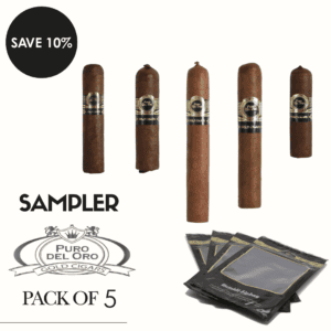 Puro Del Oro Sampler Pack 5 featuring Masaya, Double V, Double R, Robusto and Petit Oro cigars with Humidi Bag